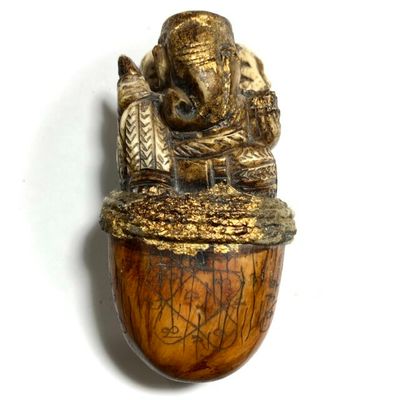 Plai Nga Chang Gae Pra Pikanes Carved Tusk Tip Hand Inscriptions with Ganesha 1st Prize Trophy and Certificate 4 x 2 Inches Luang Phu Tim Free EMS