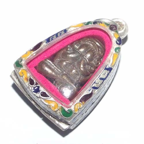 Pra Pid Ta Maha Ud Nuea Nava Loha with solid silver enamelled casing - Luang Por Niyom Wat Takian Tia - extremely rare!