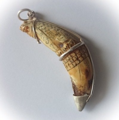 Khiaw Suea Fai Golden Jungle Cat Tooth with Hand Inscription + Silver Frame - Luang Por Nok - Wat Sangkasi - Circa 2450 BE - Kong Grapan Chadtri Maha Amnaj Amulet of Master Class Status