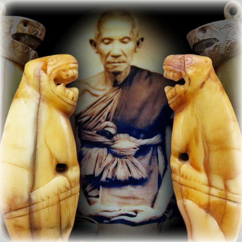 Khiaw Suea Fai Golden Jungle Cat Tooth with Hand Inscription + Silver Frame - Luang Por Nok - Wat Sangkasi - Circa 2450 BE - Kong Grapan Chadtri Maha Amnaj Amulet of Master Class Status