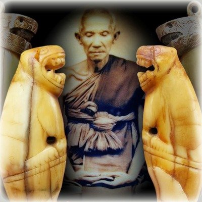Khiaw Suea Fai Golden Jungle Cat Tooth with Hand Inscription + Silver Frame - Luang Por Nok - Wat Sangkasi - Circa 2450 BE - Kong Grapan Chadtri Maha Amnaj Amulet of Master Class Status