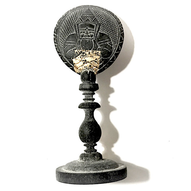 Rahu Om Jantr 1 Eyed Coconut Shell Carved Asura Deva Eclipse God on Altar Stand + Spell Inscriptions - Luang Por Pin Wat Srisa Tong