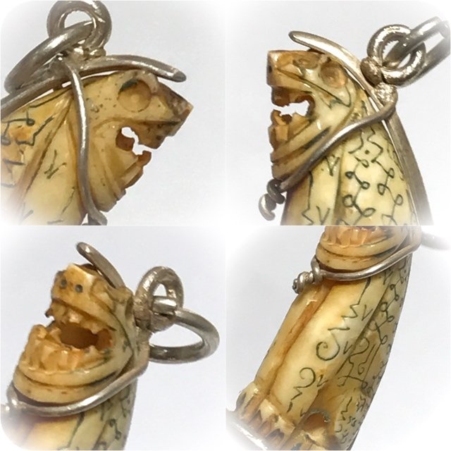 Khiaw Gae Suea Carved Tooth Tiger Amulet Khom Spell Inscriptions Silver Wire Frame Luang Por Nok Wat Sangkasi