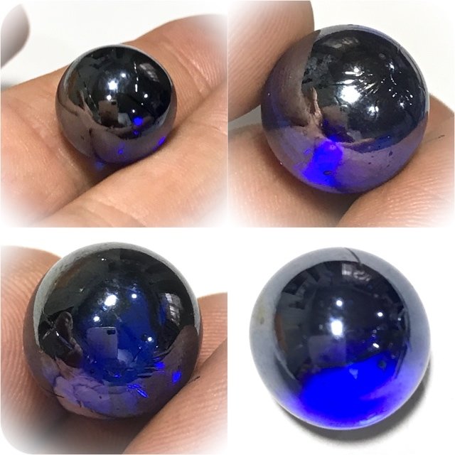 Look Gaew Sarapat Neuk Klueab Parort 2490 BE Alchemical Crystal Wishing Ball Blue 1.5 Cm Luang Por Opasi