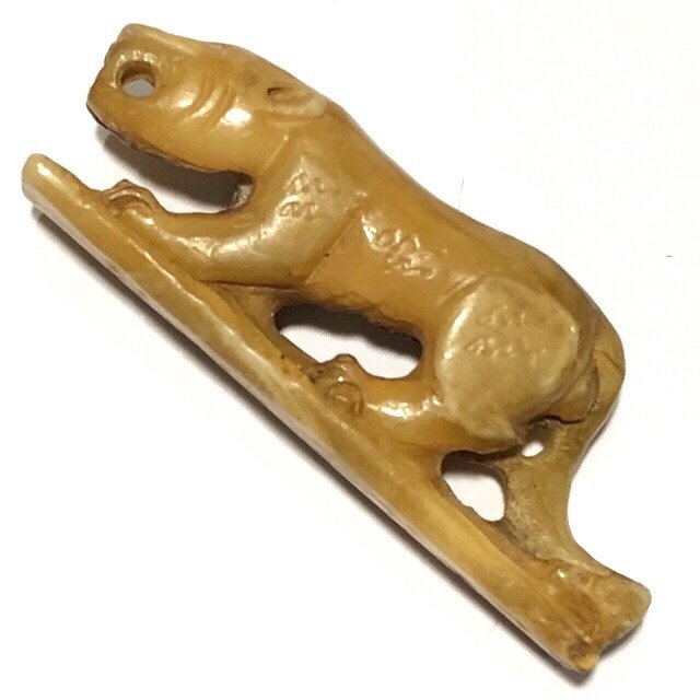 Suea Nga Gae Carved Tiger Amulet 2460 BE Hand Inscriptions &amp; Authenticity Certificate Free EMS Luang Phu Bun Wat Klang Bang Gaew