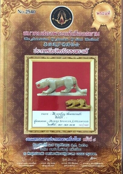Suea Nga Gae Carved Tiger Amulet 2460 BE Hand Inscriptions & Authenticity Certificate Free EMS Luang Phu Bun Wat Klang Bang Gaew