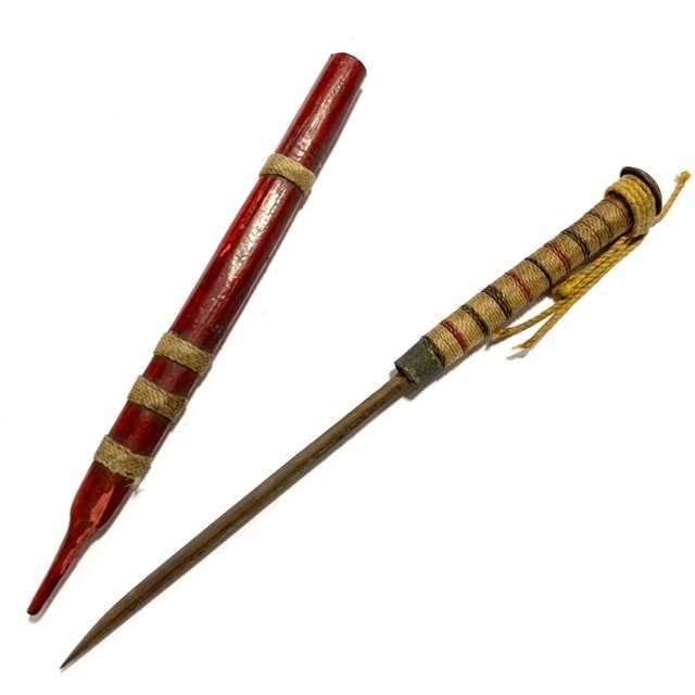 Meet Daab  Lek Akom Ritual Spirit Knife Thai Flag Cord Hilt &amp; Sinjana Cord spellbound wrapped sheath 6 Inches - Luang Por Tob