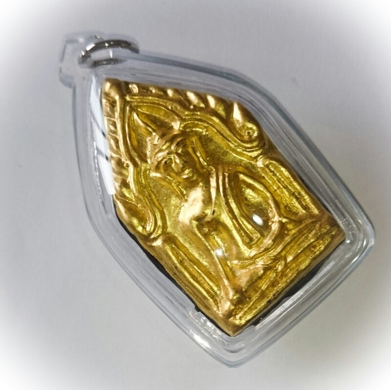 Khun Phaen Hnaa Tong Hlang Yant Takrut Tone 2525 BE - Nuea Pong Dam - Gold faced Khun Phaen with Takrut Tone, Yant and Pra Nakprok insert - Luang Por Tone - Wat Khao Noi Kireewan