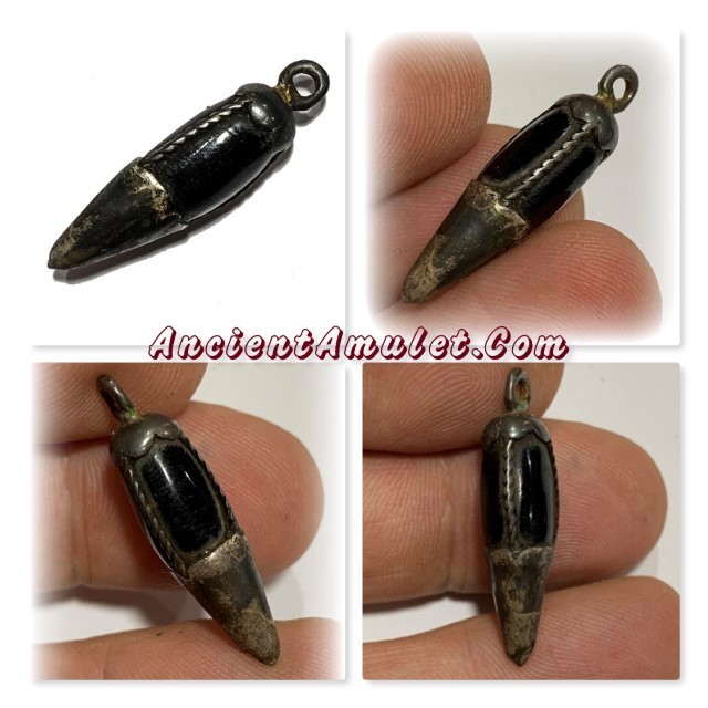 Met Prik Nuea Galabangha Dam Black Coral Yoni 2470 BE Silver Wire Frame Bullet Shape Ultra-Rare Luang Por Ee