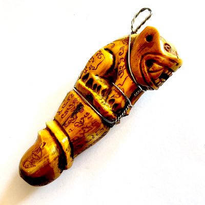 Khiaw Hmoo Dtan Suea Palad Carved Boars Tusk Tiger Amulet Spell Inscriptions by Luang Por Sawai Wat Bridaram
