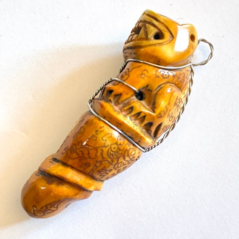 Khiaw Hmoo Dtan Suea Palad Carved Boars Tusk Tiger Amulet Spell Inscriptions by Luang Por Sawai Wat Bridaram