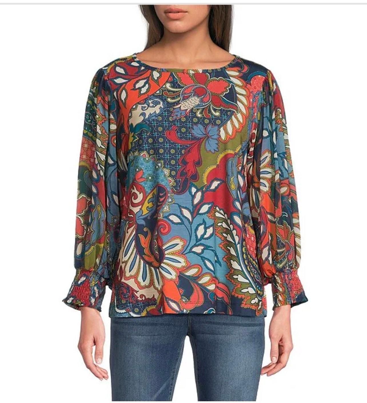 Ali Miles Womens XL Paisley Floral Tunic Blouse Vibrant Multi Casual Artwear Top - pre-owned---excellent - Ali Miles