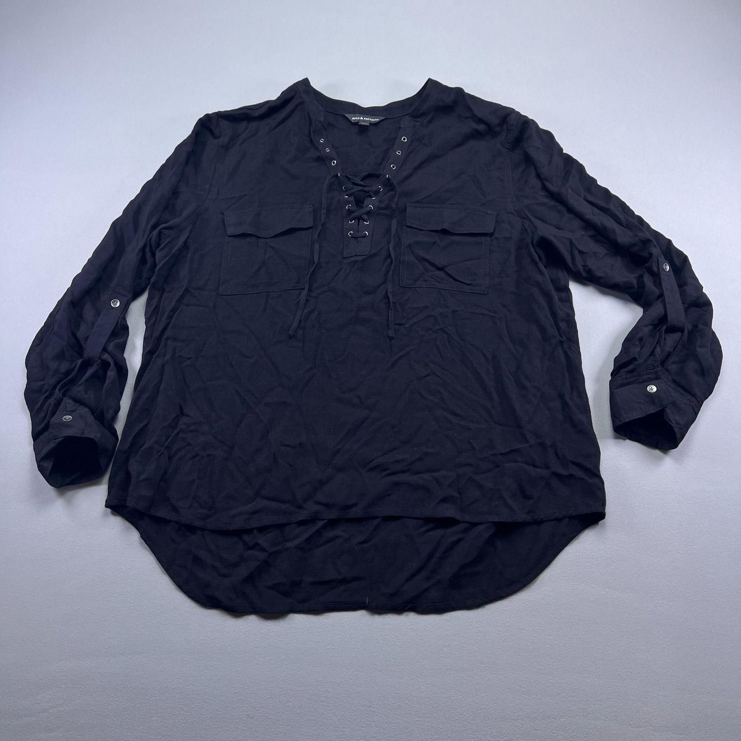 Rock &amp; Republic Blouse Top Women 2XL Black Double Pocket Lace Up Roll Tab Sleeve