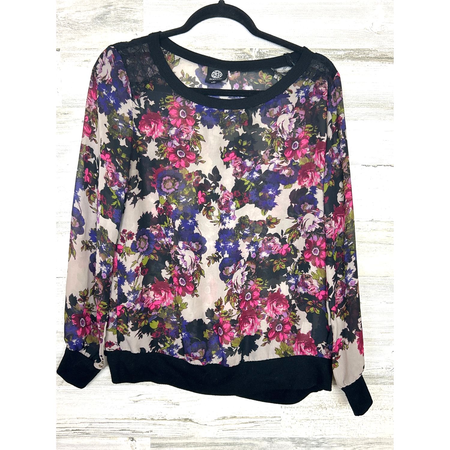 Bobeau Womens M Purple Floral Sheer Lace Blouse Feminine Knit Top Casual - pre-owned---excellent - Bobeau