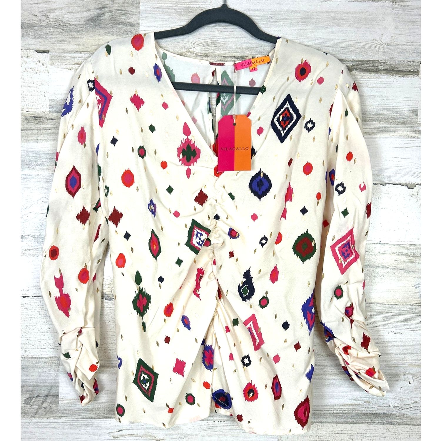 Vilagallo Womens 10 Aztec Print Cinch Waist Blouse Boho Luxe NWT Cream Multi - new-with-tags - Vilagallo