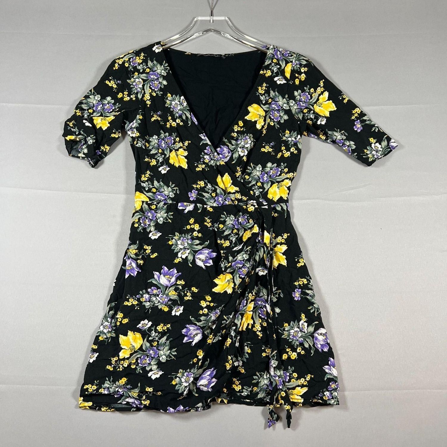 Abercrombie And Fitch Mini Dress Womens Black Floral Print Tie Front V Neck