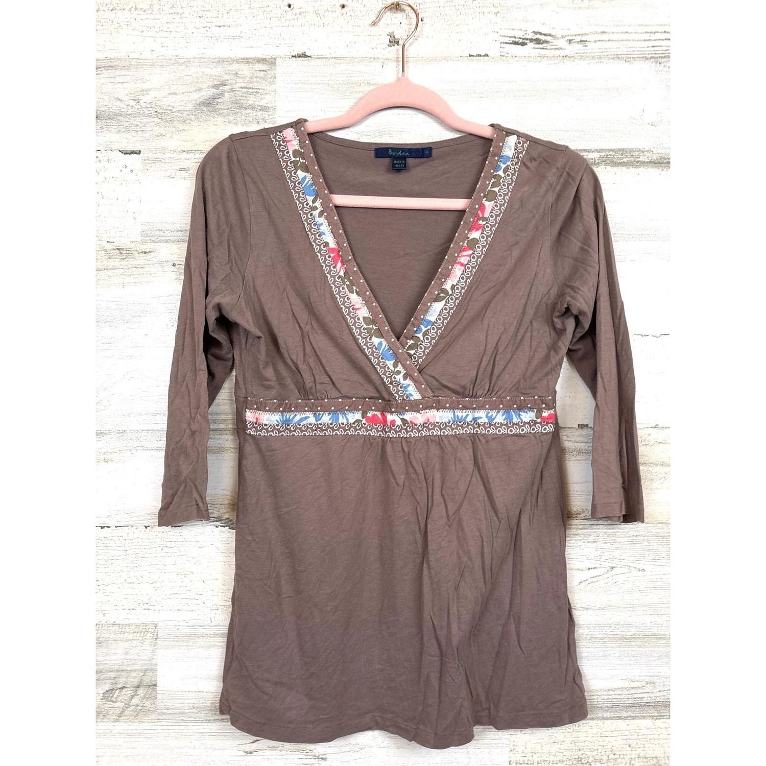Boden Womens M Brown Gray Multi Embroidered Boho Top Cotton Casual 3/4 Sleeve - pre-owned---excellent - Boden