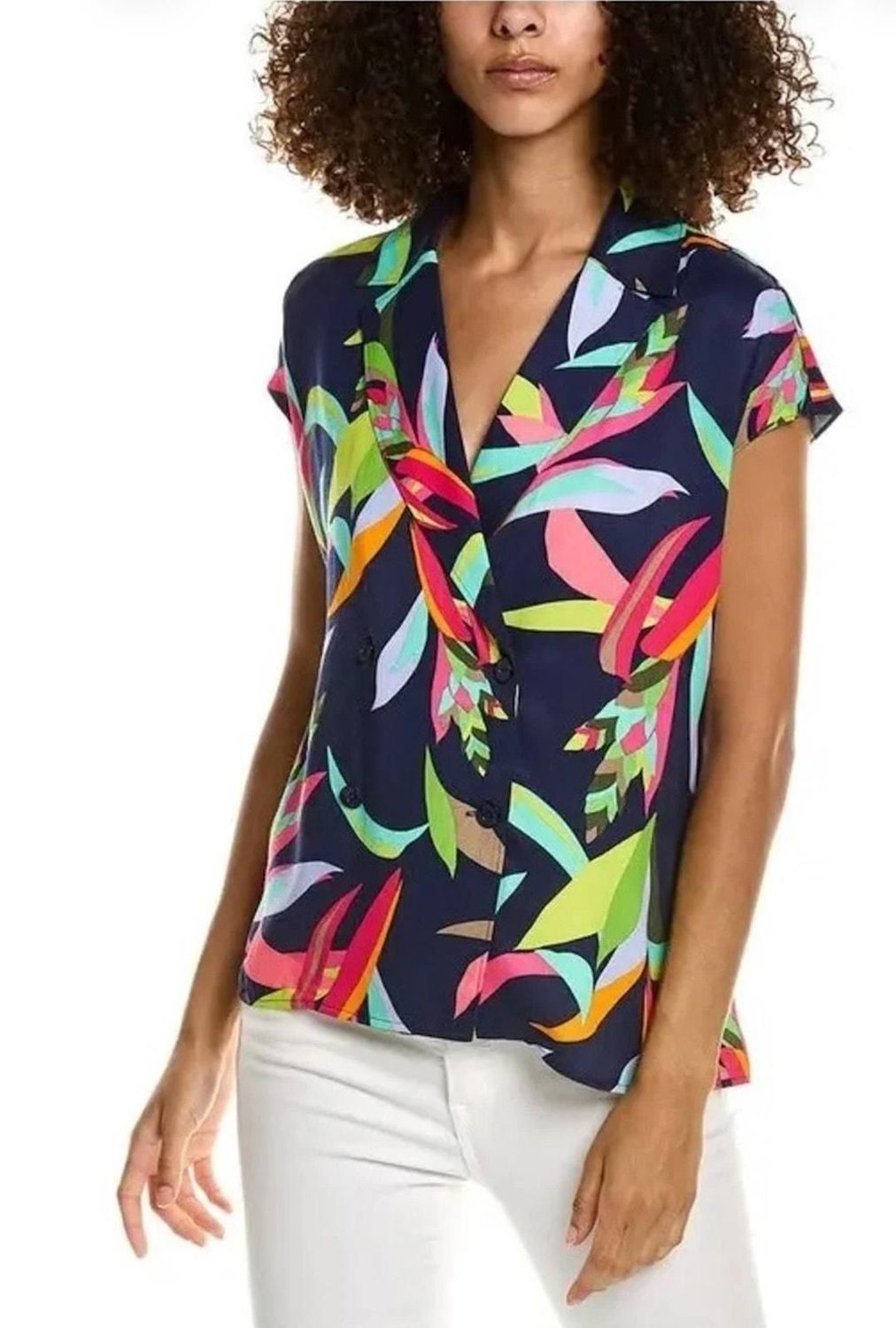 Trina Turk Womens XL Birds Of Paradise Comfort Shirt Navy Tropical Blouse Top - pre-owned---excellent - Trina Turk