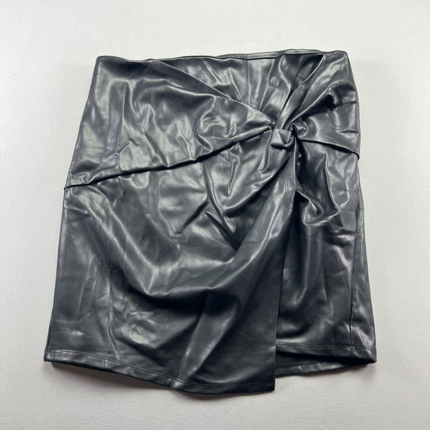 Iris Mini Skirt Womens Large Black Faux Leather Side Twisted Asymmetric Back Zip