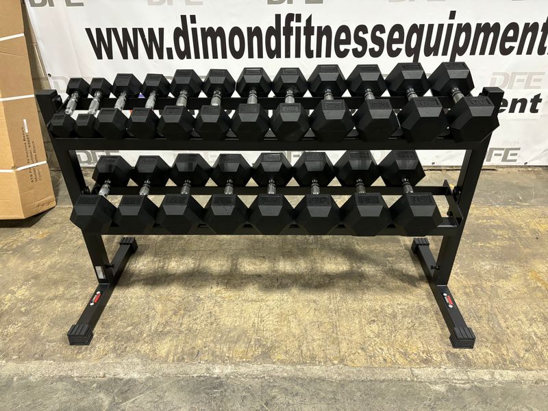 York Barbell 5-50 Rubber Hex Dumbbell Set w/ Storage Rack