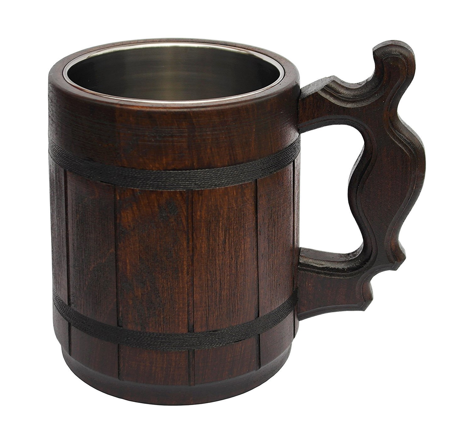 Handmade Beer Mug Oak Wood Stainless Steel Cup Carved Natural Beer Stein Old-Fashioned Brown - Wood Carving Beer Mug of Wood Great Beer Gift Ideas Wooden Beer Tankard for Men Capacity: 20oz (600ml)