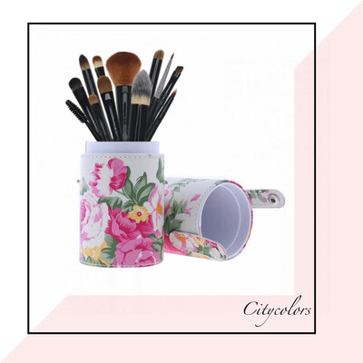 فراشي مكياج مجموعة مع علبة دائرية من الجلد