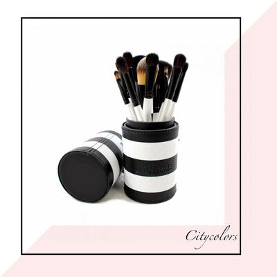 فراشي مكياج مجموعة مع علبة دائرية من الجلد باللون الابيض والاسود