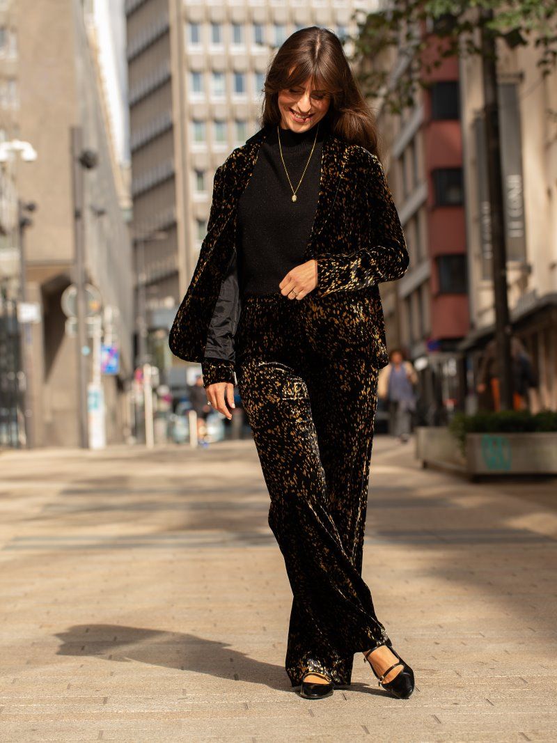 Pantalon velours imprimé noir et or