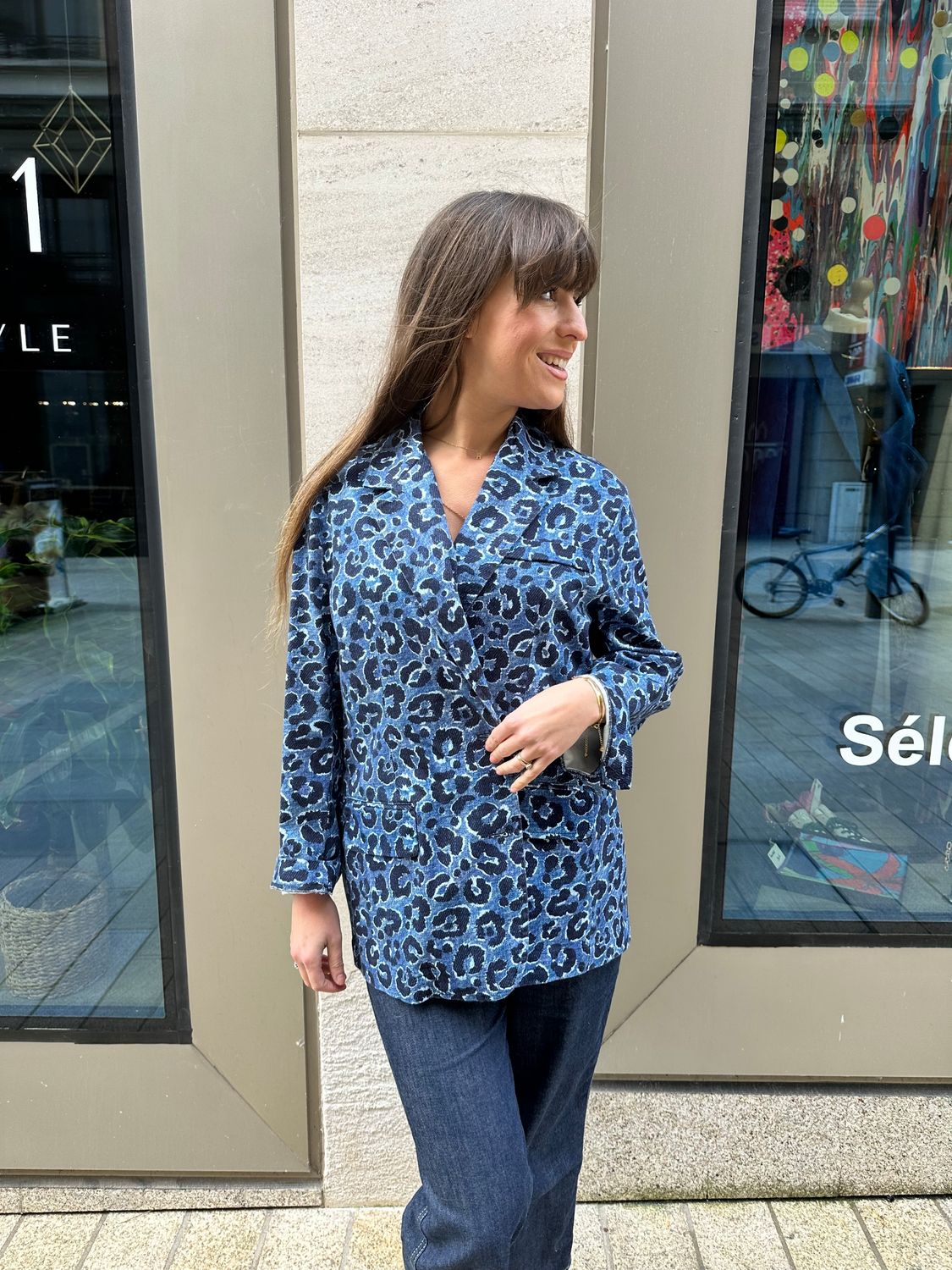 Veste blazer oversize denim léopard