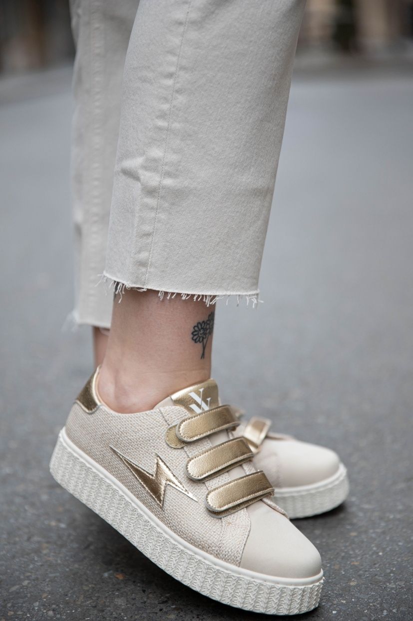 Baskets éclair beige et or à scratchs