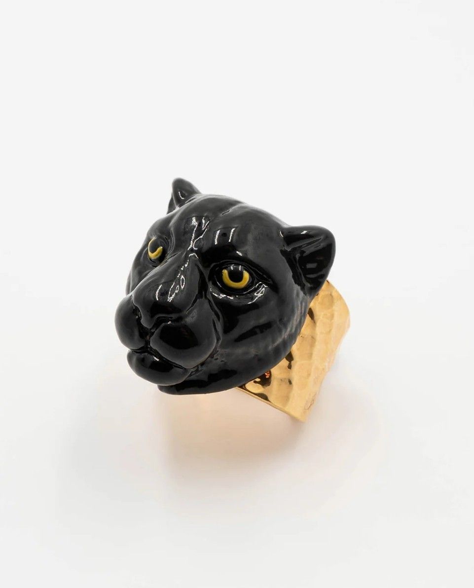 Bague or martelé panthère noir