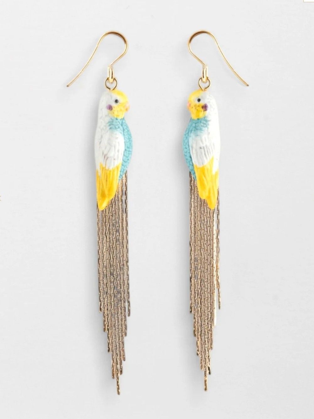 Boucles d’oreilles perruche bleue avec franges