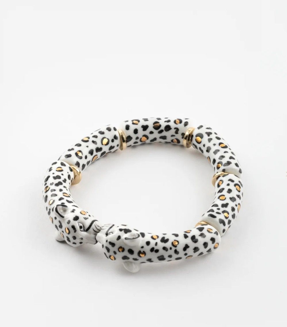 Bracelet leopard blanc porcelaine et maillons dorés