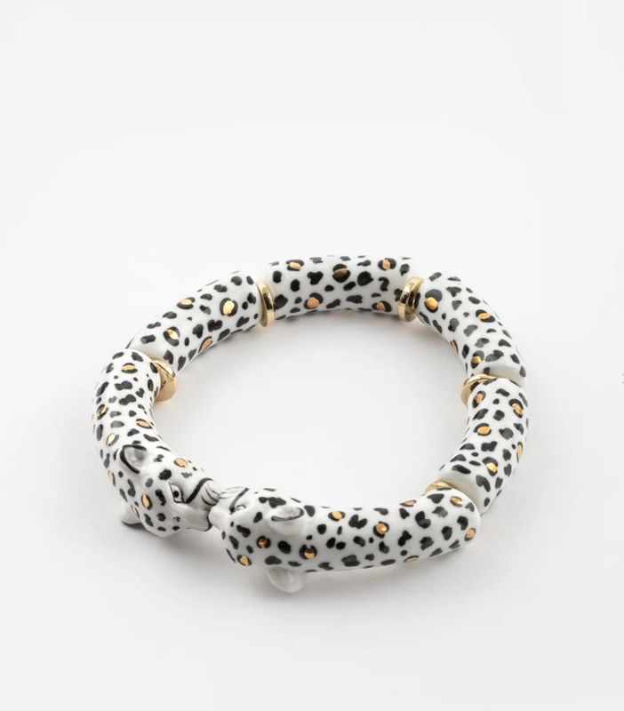 Bracelet leopard blanc porcelaine et maillons dorés