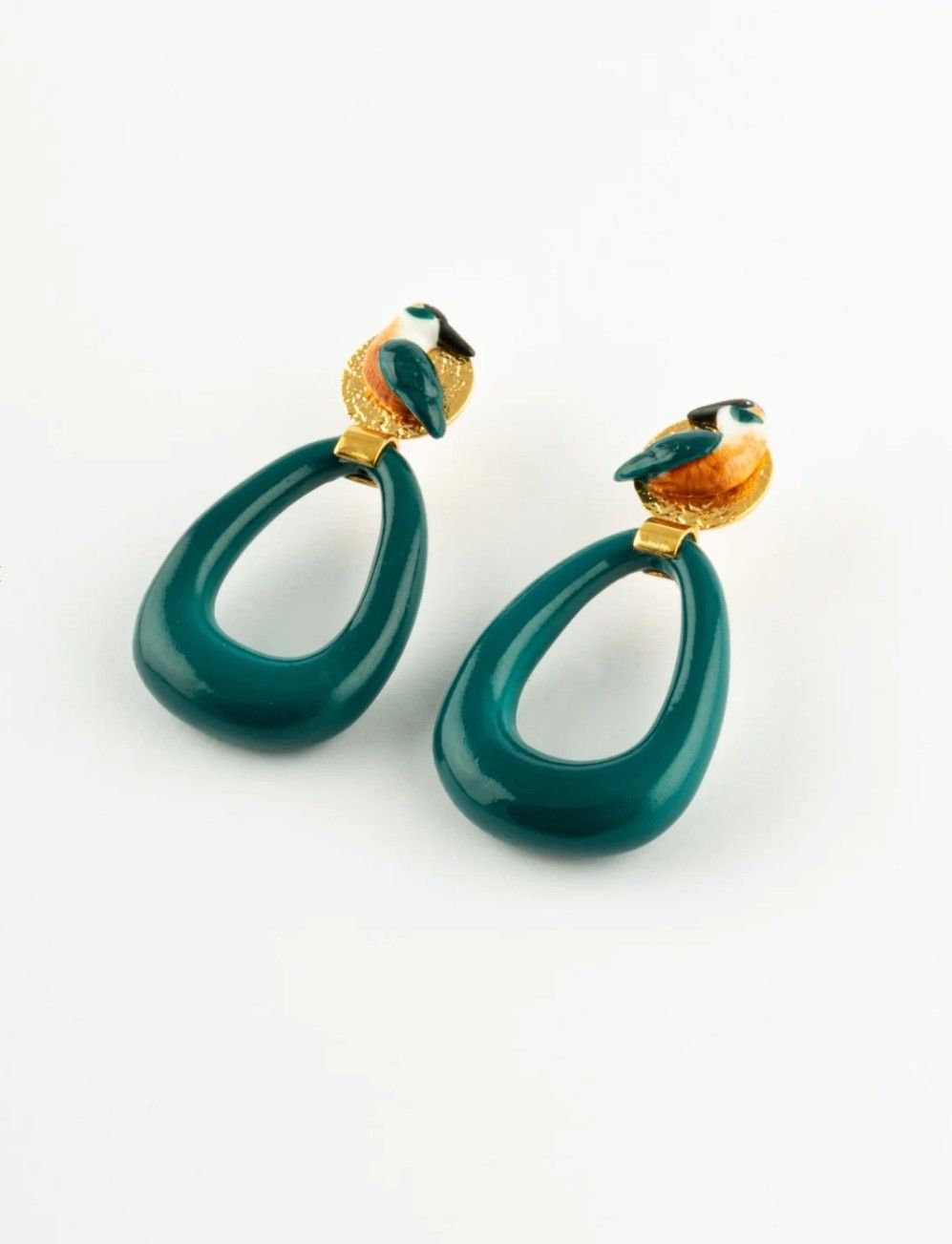Boucles d’oreilles ovale avec oiseau martin-pecheur