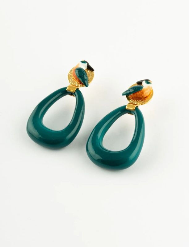 Boucles d’oreilles ovale avec oiseau martin-pecheur