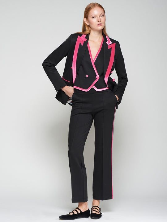 Pantalon noir en stretch avec bande latérale rose