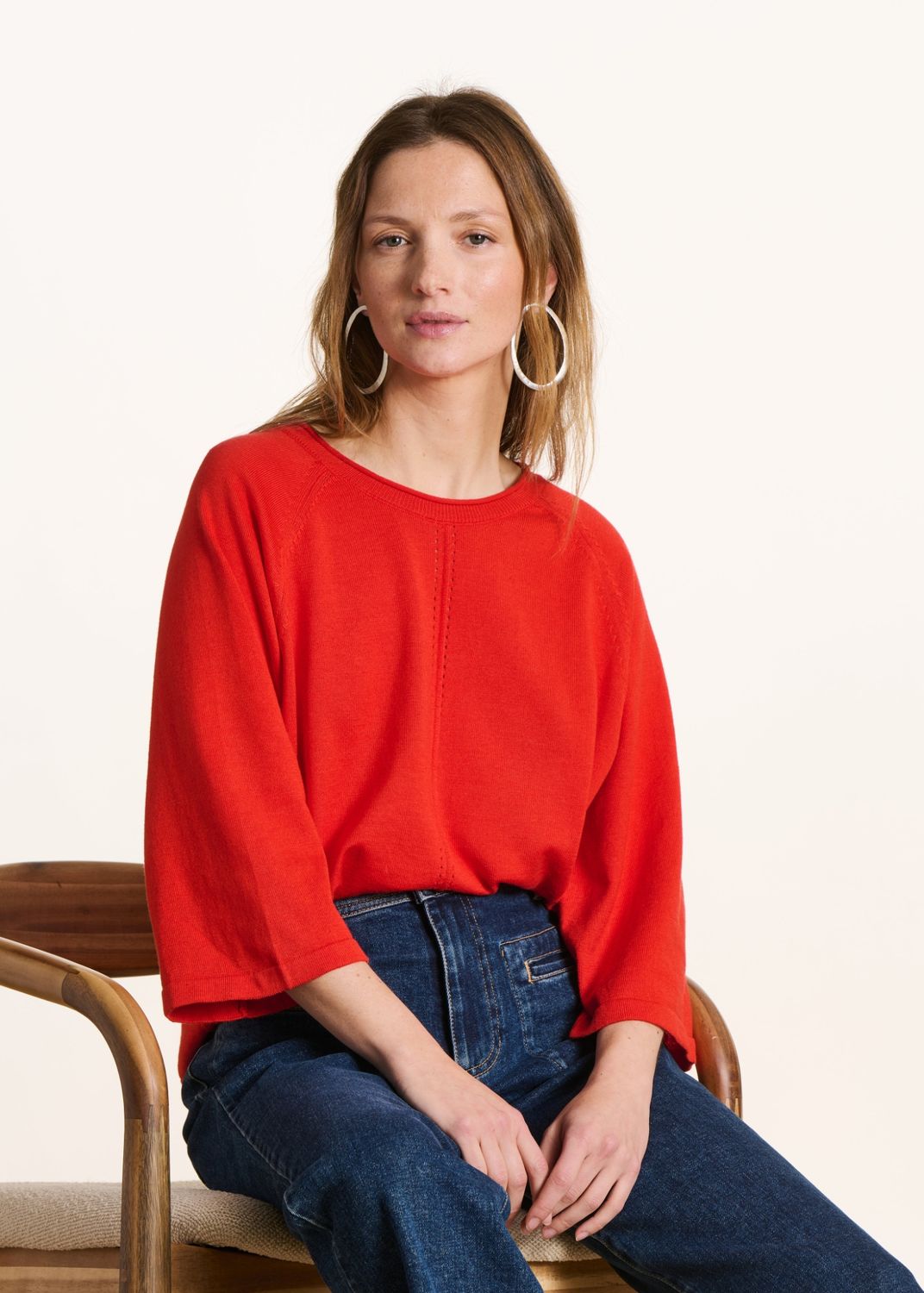 Pull rouge oversize maille fine col rond