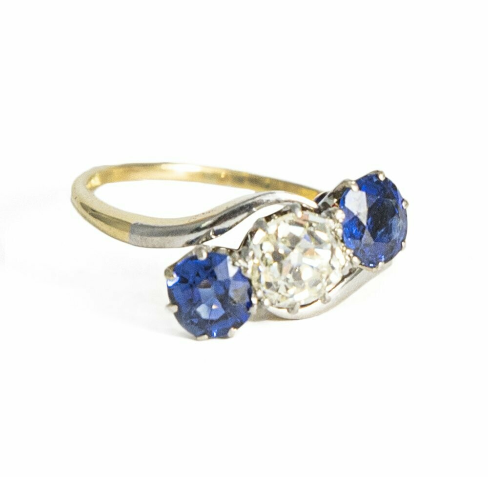 Antique Old Mine Cut Diamond & Sapphire Ring