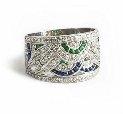 Platinum Diamond Sapphire & Emerald Band Ring