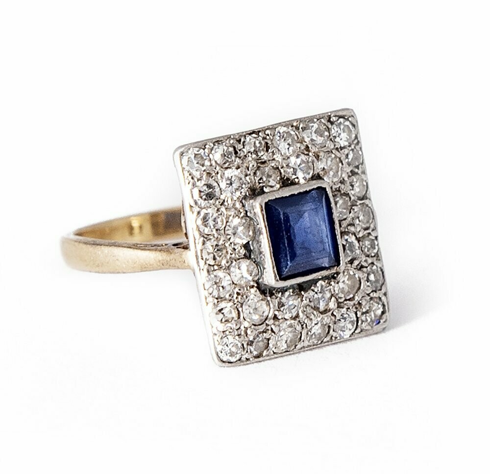 Art Deco Diamond and Sapphire 14K Gold Ring