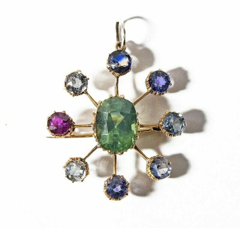 Antique Yellow Gold Sapphire, Ruby & Zircon Pendant/Brooch Antique Yellow Gold Sapphire, Ruby & Zircon Pendant/Brooch