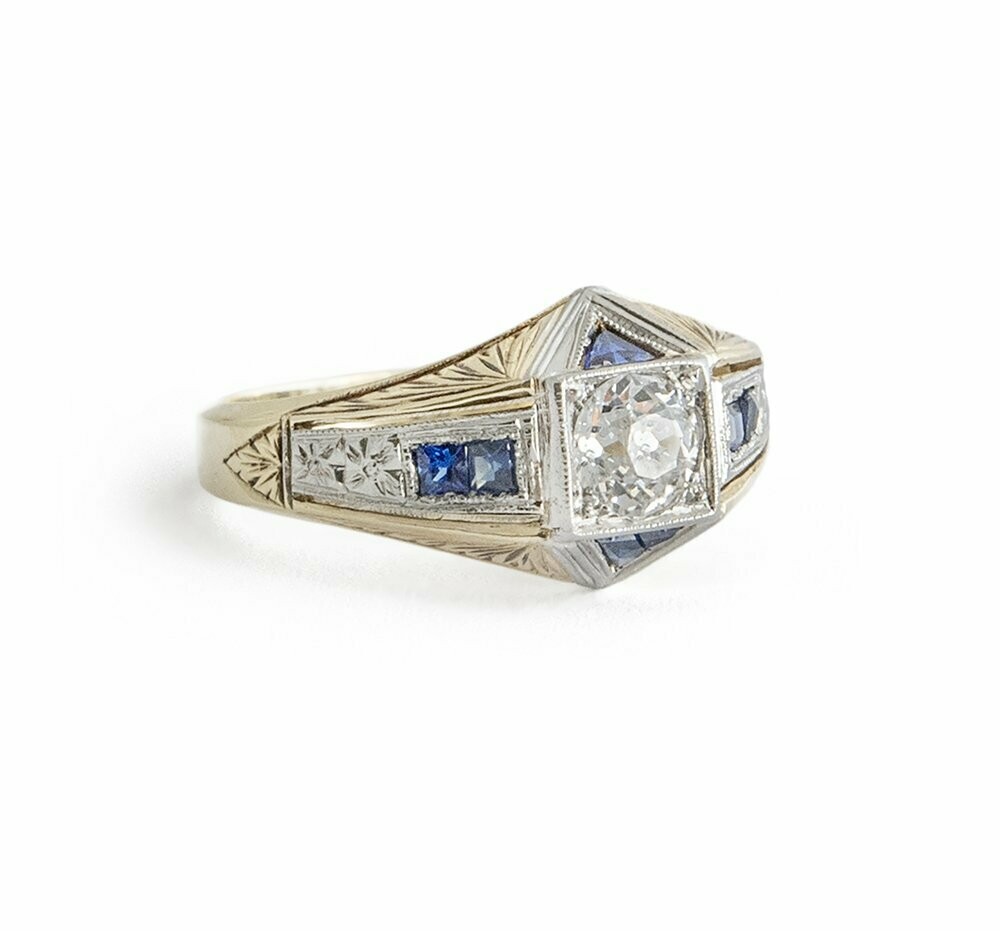 Art Deco White & Yellow Gold Diamond & Sapphire Ring