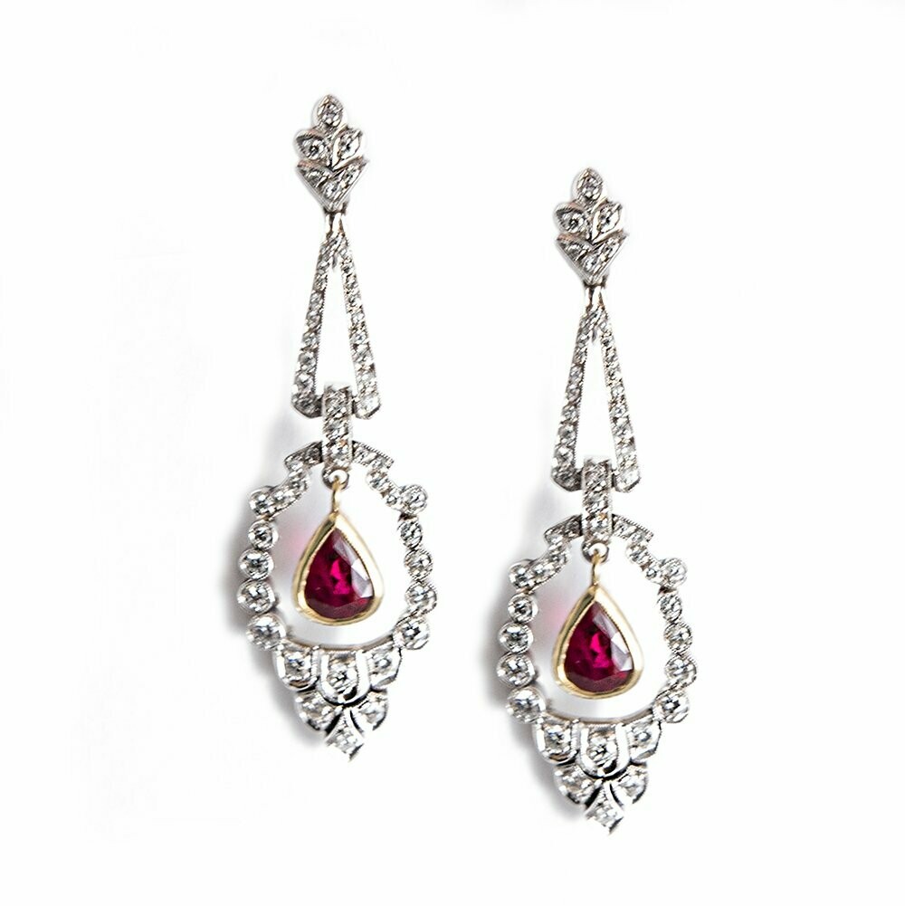 White Gold Diamond and Ruby Ear Pendants