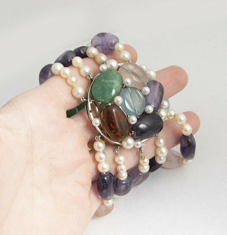 14kt White Gold Pearl and Multi Colored Gem Bracelet.