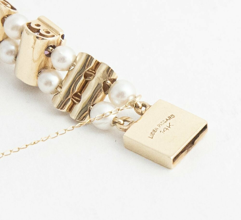 Vintage Lucien Piccard Yellow Gold Pearl Bracelet