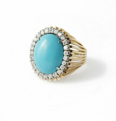 Custom Made Turquoise Diamond 14kt Yellow Gold Ring. Size 10.5