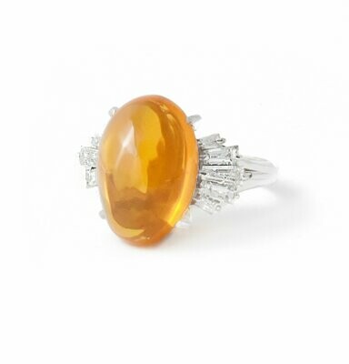 Large Vintage Platinum Diamond and Fire Opal Ring.