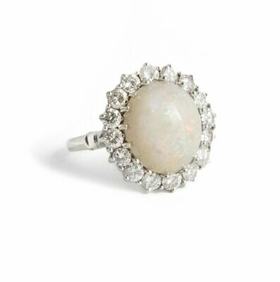 Vintage Custom Made 14kt. White Gold Opal and Diamond Ring