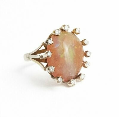 Hand Made Avant Garde 14kt. Yellow Gold Opal and Diamond Ring.
